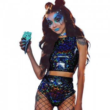 Festival Queen Holographic Crop Top and Hot Shorts Women 2 Piece Sets Sexy Lace Up Festival Party Rave Clothing Two Piece Set